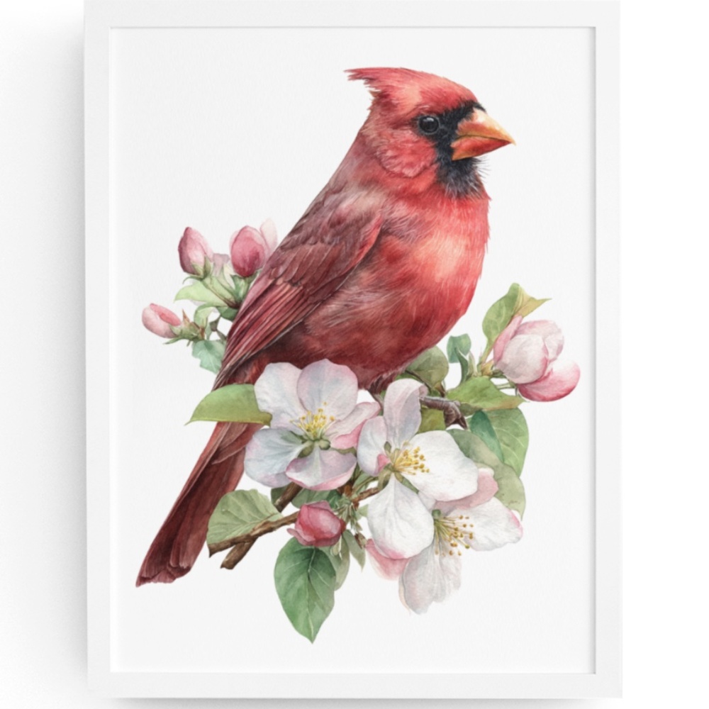 Watercolor Red Cardinal Bird with Flowers Wall Art Print Unframed